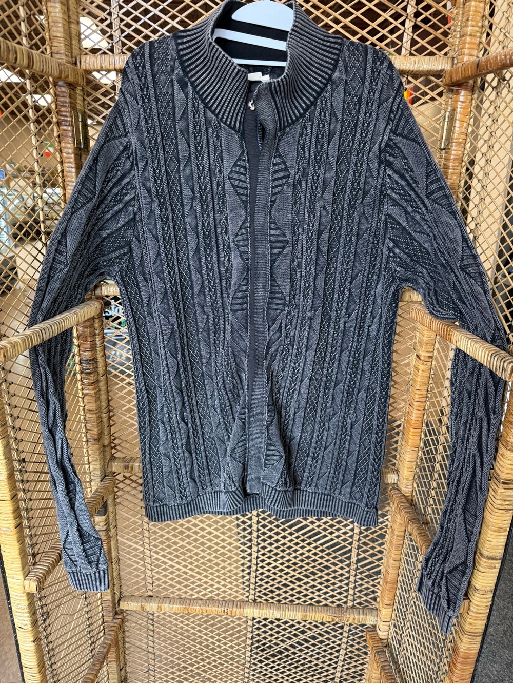 Carbon2Cobalt Black Gray Textured Full Zip Mock Neck Cotton Sweater Mens XL
